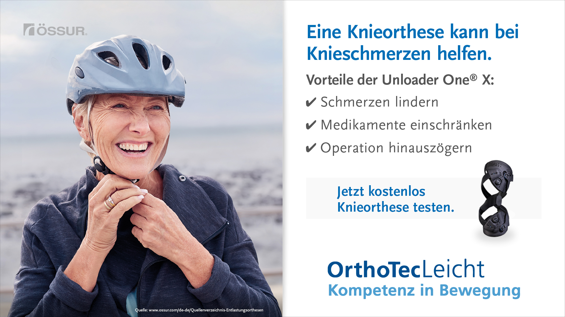 Orthesen-Testwoche vom 21.10. bis 25.10.2024 im Sanitätshaus OrthotecLeicht in Welzheim. Einfach unter 07182 935001 Termin vereinbaren und die Unloader One® X Knieorthese kostenlos testen. 